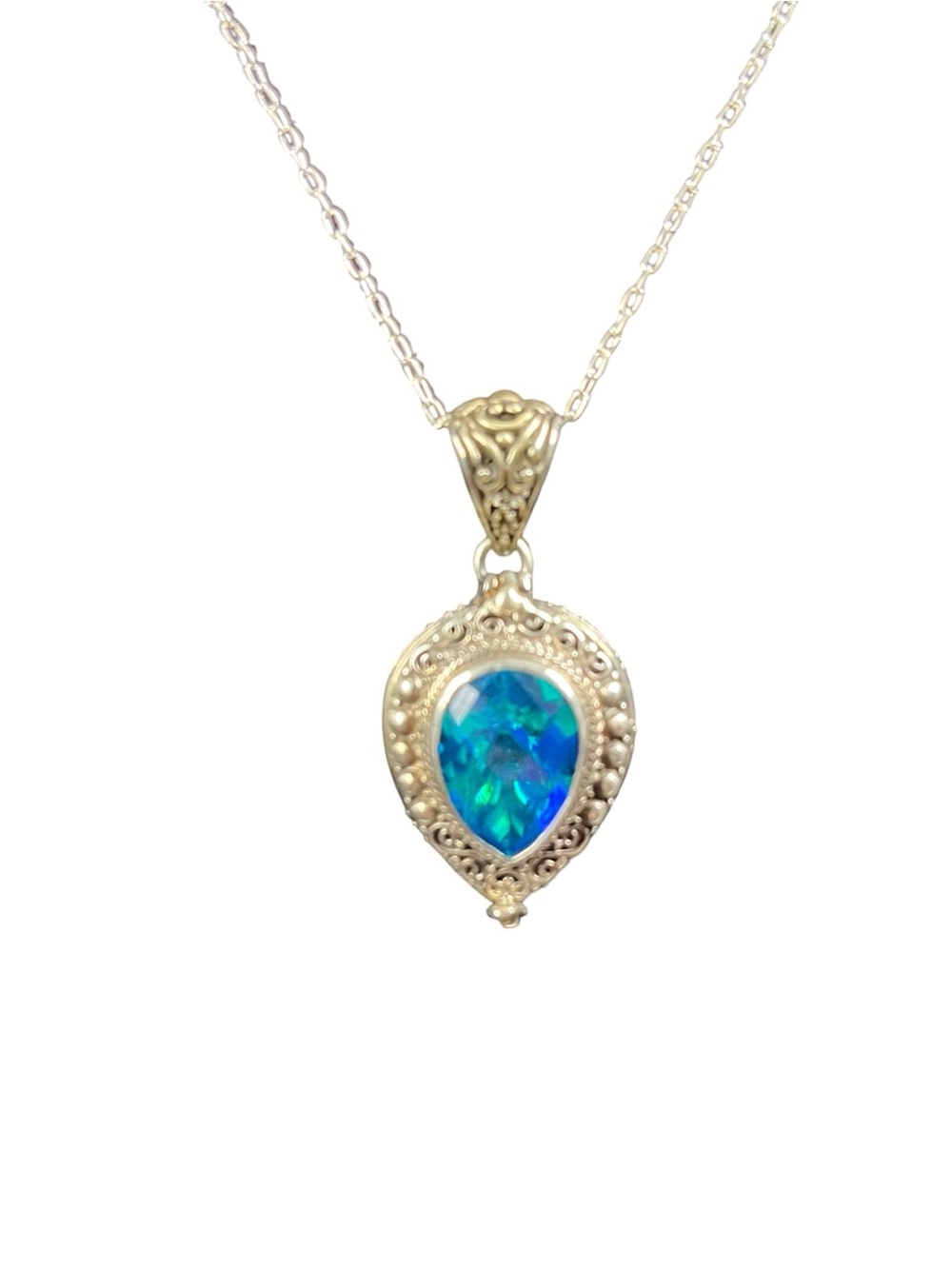 Vtg Sarda 925 Sterling Balinese Filigree Blue Opal Perfume Locket Necklace 18”